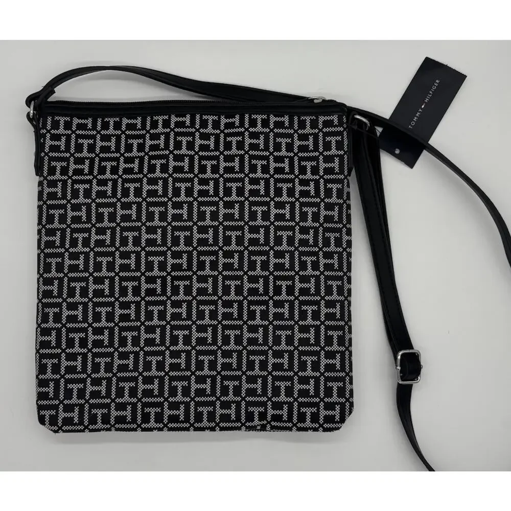 Tommy Hilfiger Women’s Black/White Monogram Logo Crossbody Bag Zip,Adjustable